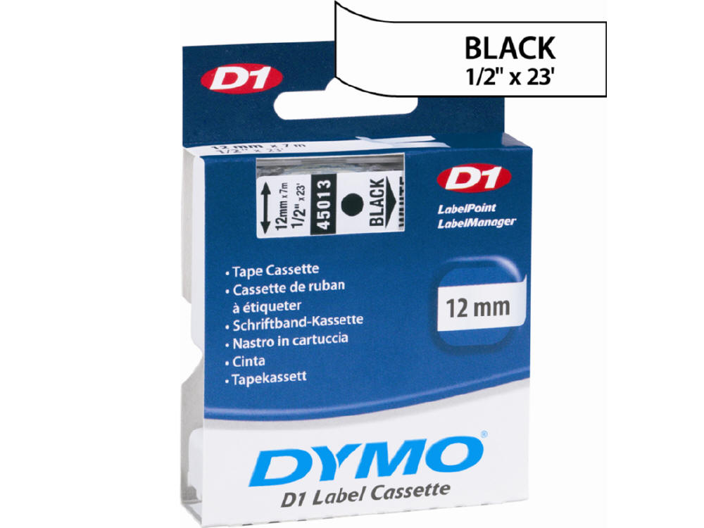 Dymo LM120P LM150 LM155 LM210D LM220P LM260P D1 12mm x 23 ft Black on White #45013 Click Here